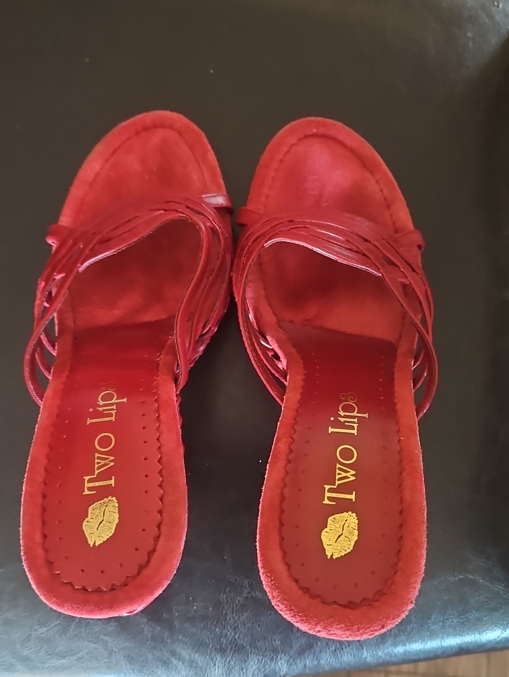 Leather Upper Two Lips Red Strappy Slide Mules